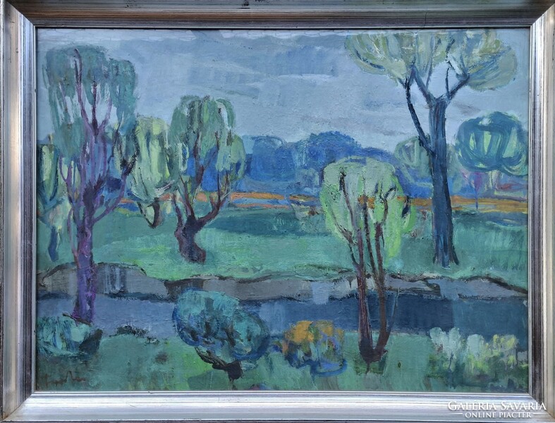 Farkas Lídia (1910-1985) Táj... Olaj/farost,  60x80cm,  plusz keret!  Képcsarnok vállalat címke!