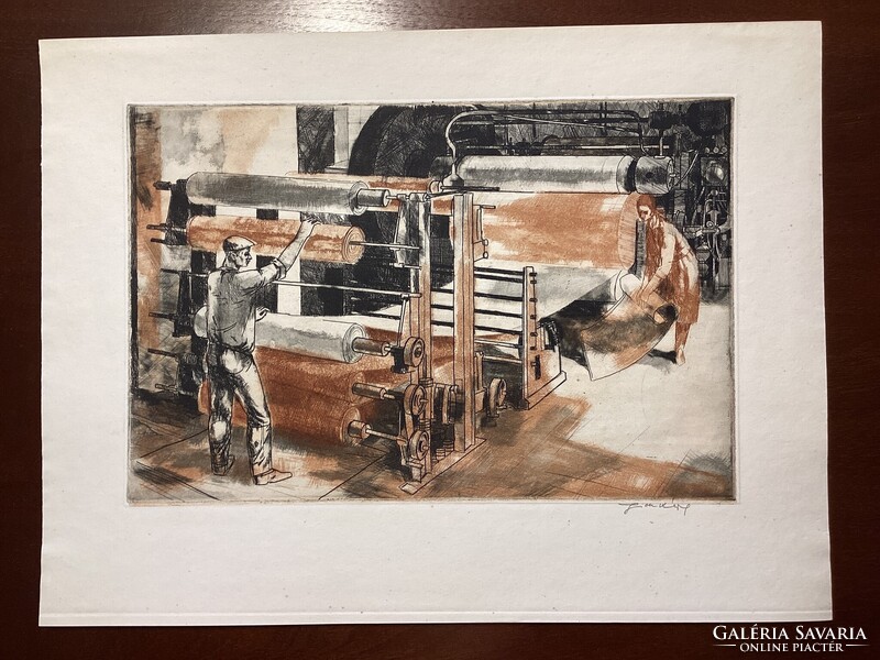 Jurida Károly - Műanyagfeldolgozás ( szocreál színezett rézkarc ) .