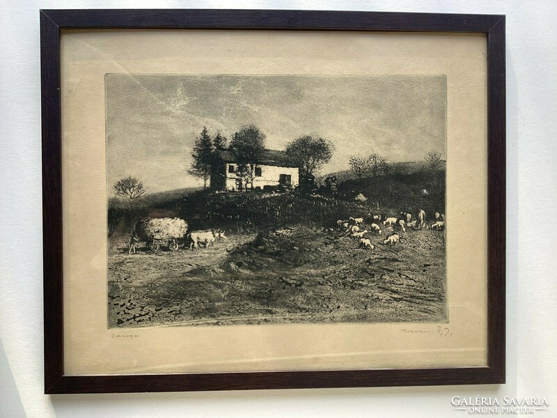 Kórusz József ( 1927 - 2010 ) Tanya című rézkarca , üvegezett kertben .