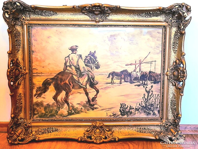 IngyenPosta:Benyovszky István:"Csikós a Hortobágyon" akvarellel sźínezett rézkarc