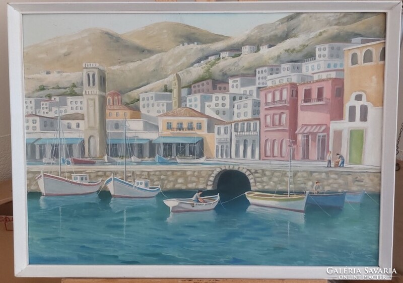 Posta József szép kikötő festménye  73x52 cm kerettel