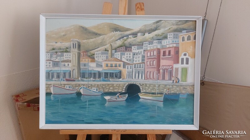 Posta József szép kikötő festménye  73x52 cm kerettel