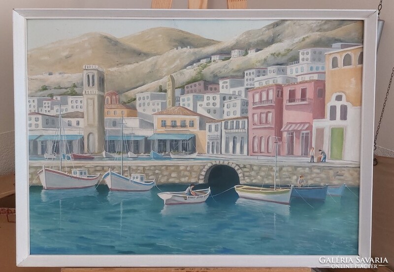 Posta József szép kikötő festménye  73x52 cm kerettel