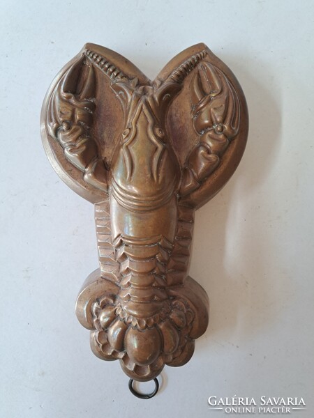 Antik 1900 réz homár, rák formájú kuglóf/sütő forma, ónozott belső ritka konyhai figurális öntőforma