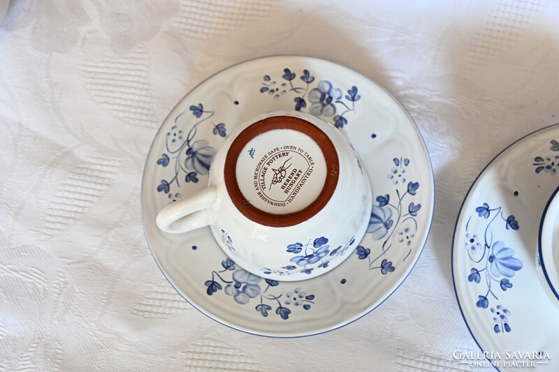 Herendi Village Pottery majolika kék virág mintás kerámia csésze + alj