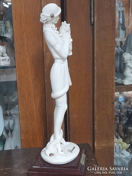 Art Deco Capodimonte Giuseppe Armani 1987 Florence Úri Hölgy Kutyával Szobor,Fa Talapzaton.26 cm.
