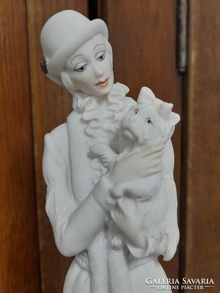 Art Deco Capodimonte Giuseppe Armani 1987 Florence Úri Hölgy Kutyával Szobor,Fa Talapzaton.26 cm.