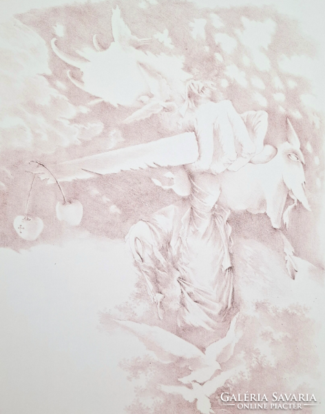 Almásy Aladár (1946-): Claudius, az Isten - kortárs, modern grafika (aláírt litográfia) szürrealista