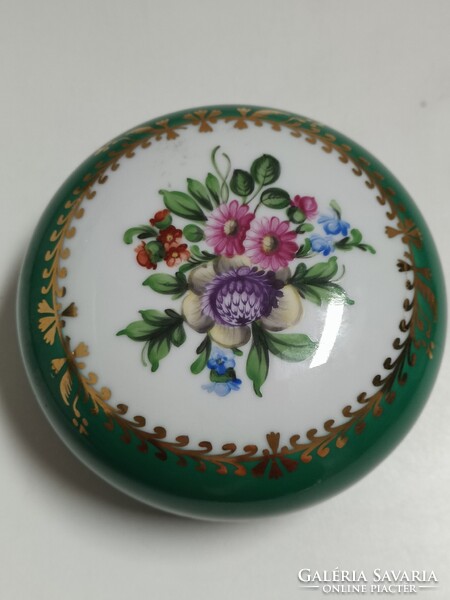Ritkább Herendi porcelán zöld fond festésű bonbonier, ékszertartó - 7 x 12 cm
