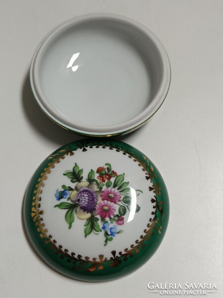 Ritkább Herendi porcelán zöld fond festésű bonbonier, ékszertartó - 7 x 12 cm