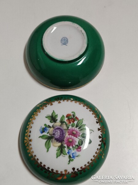 Ritkább Herendi porcelán zöld fond festésű bonbonier, ékszertartó - 7 x 12 cm