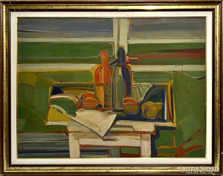 Baticz Levente (1941- ) Csendélet szódásszifonnal - Nagy méretű, gyönyörű Képcsarnokos festmény