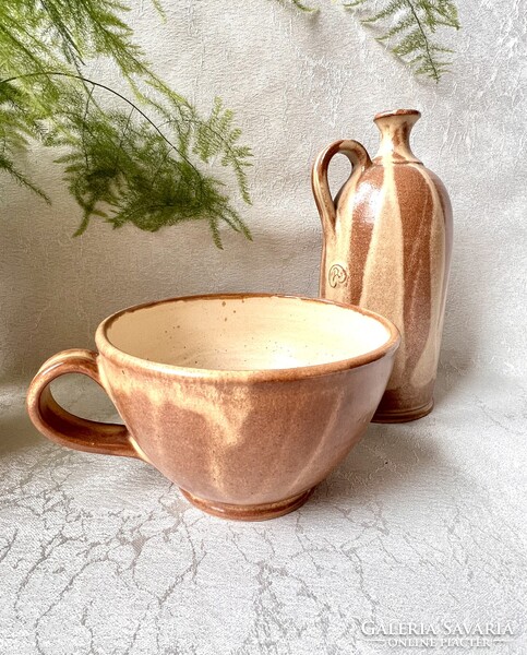 Natúr, Bizen stílusú óriás cappuccinos bögre ,kancsóval Pünkösti Gabriella keramikus munkája
