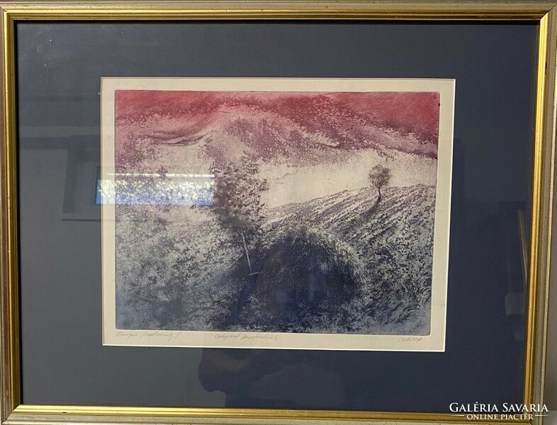 Olexa József: Domboldal (szines rézkarc)