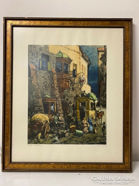 Ismeretlen alkotó: Postakocsi  szinezett rézkarc