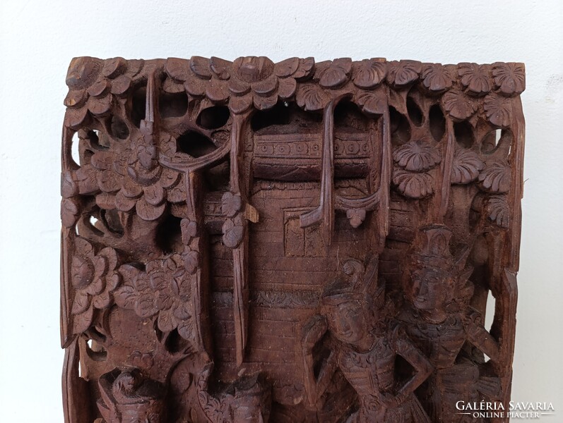 Antik buddhista dombormű sokalakos tánc lovas faragott fa szobor kép Buddha Thaiföld sérült 400 6632