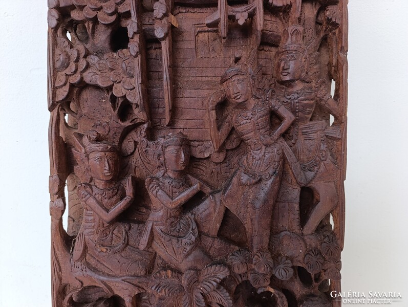 Antik buddhista dombormű sokalakos tánc lovas faragott fa szobor kép Buddha Thaiföld sérült 400 6632