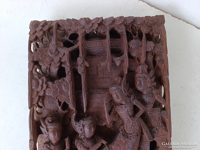 Antik buddhista dombormű sokalakos tánc lovas faragott fa szobor kép Buddha Thaiföld sérült 400 6632
