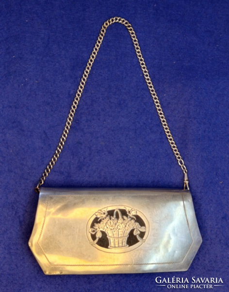 Szecessziós magyar fémjeles 800 finomságú ezüst alkalmi retikül eredeti bőr béléssel 20sz eleje