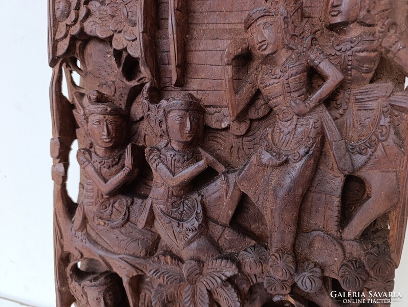 Antik buddhista dombormű sokalakos tánc lovas faragott fa szobor kép Buddha Thaiföld sérült 400 6632