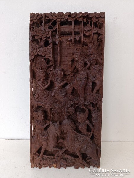 Antik buddhista dombormű sokalakos tánc lovas faragott fa szobor kép Buddha Thaiföld sérült 400 6632