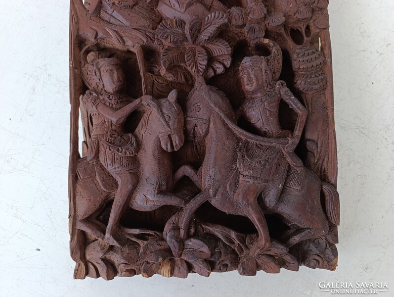 Antik buddhista dombormű sokalakos tánc lovas faragott fa szobor kép Buddha Thaiföld sérült 400 6632
