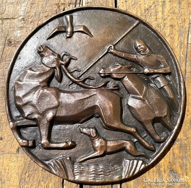 Olcsai - Kiss Zoltán régi bronz dombormű relief plakett Vadászati Világkiállítás 1971. Csodaszarvas