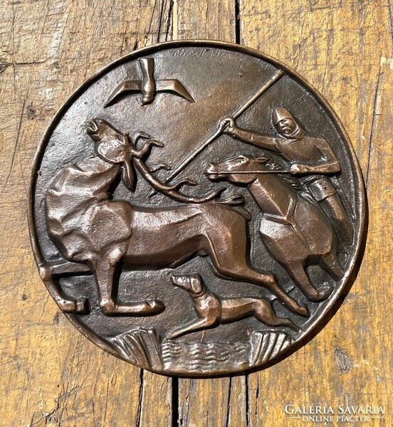 Olcsai - Kiss Zoltán régi bronz dombormű relief plakett Vadászati Világkiállítás 1971. Csodaszarvas