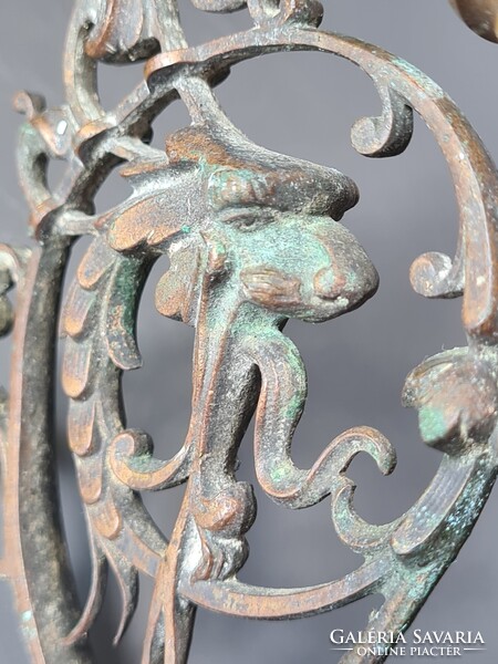 Antik szecessziós / barokk réz / bronz ötvözet falikar gyertyatartó mitologikus sárkánykígyóval