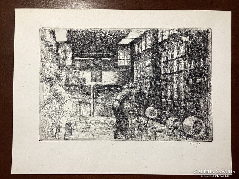 Varga Nándor Lajos - Műszál gyártása I. ( szocreál rézkarc ) .