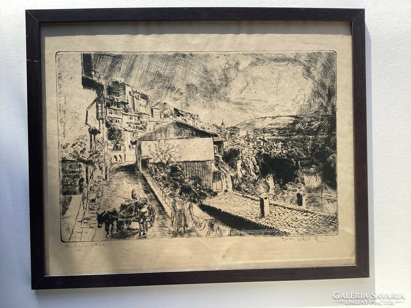 Aszódi Weil Erzsébet ( 1901 - 1976 ) Bulgár utca című rézkarca , üvegezett kertben .