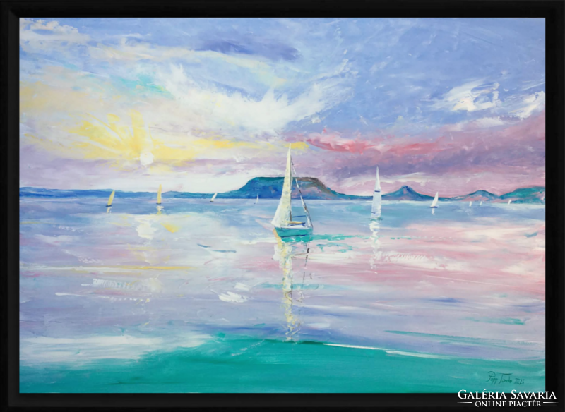 Badacsony naplementében c. Balatonos festmény - képkerettel -