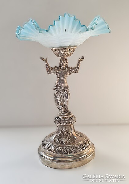 Antik olasz ezüst figurális tálaló, csiszolt üvegtállal – Genova, 1824–1872, 800 ezüst, 828 g