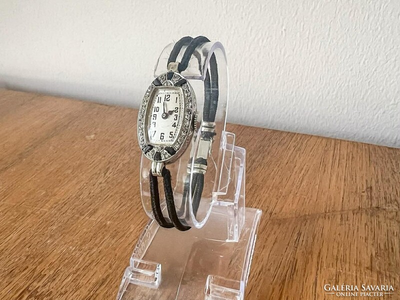 Antik Art Deco platina női karóra – Gyémántokkal és onixxal 14.2 g