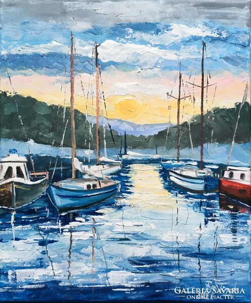 Naplemente a kikötőben c. Kortárs olajfestmény [Papp Tünde]