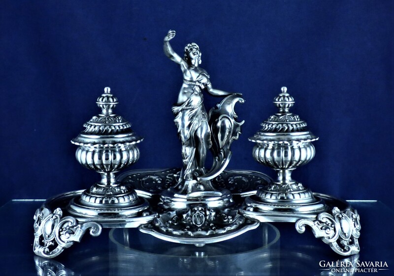 KÁPRÁZATOS, ANTIK EZÜST TINTATARTÓ/ ÍRÓASZTAL DÍSZ, SVÉD, CA. 1890!!!