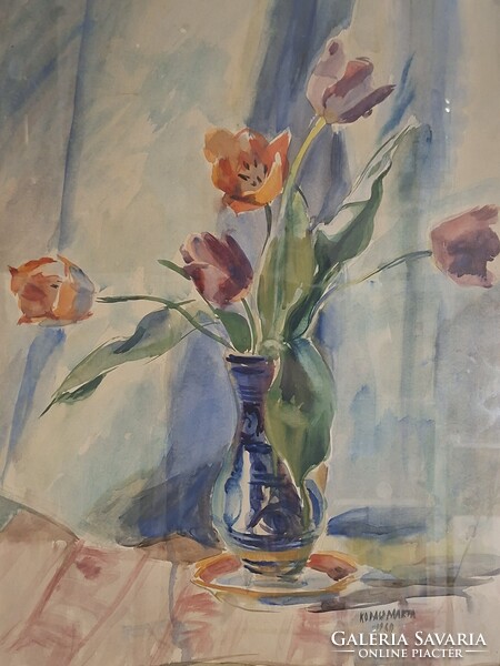 Kopasz Márta 1969 : Tulipánok bokályban akvarell 66 x 48 cm