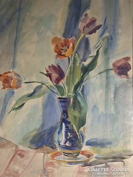 Kopasz Márta 1969 : Tulipánok bokályban akvarell 66 x 48 cm