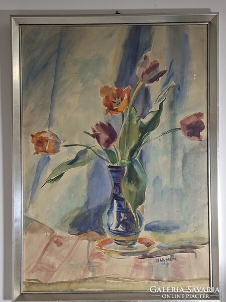 Kopasz Márta 1969 : Tulipánok bokályban akvarell 66 x 48 cm