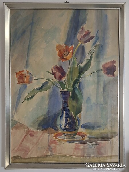 Kopasz Márta 1969 : Tulipánok bokályban akvarell 66 x 48 cm