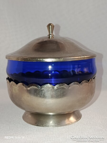 Art deco stílusú retro korú szovjet fém és kék üveg BONBONIER / cukorkatartó