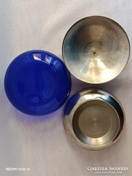 Art deco stílusú retro korú szovjet fém és kék üveg BONBONIER / cukorkatartó