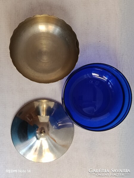 Art deco stílusú retro korú szovjet fém és kék üveg BONBONIER / cukorkatartó