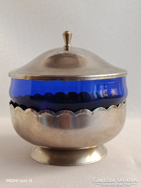 Art deco stílusú retro korú szovjet fém és kék üveg BONBONIER / cukorkatartó
