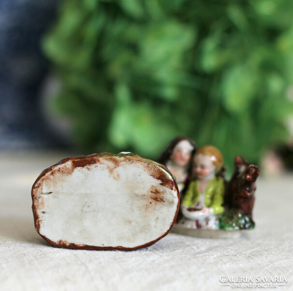 Antik, viktoriánus Conta & Böhme kézzel festett porcelán, madárfészek, leányok, titokrejtő doboz