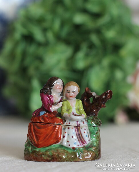 Antik, viktoriánus Conta & Böhme kézzel festett porcelán, madárfészek, leányok, titokrejtő doboz