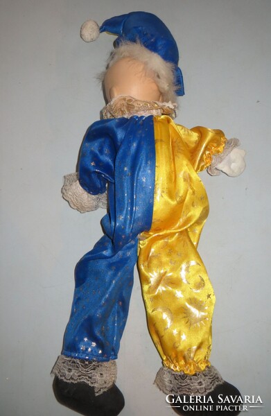 Régi antik  kerámia fejű bohóc baba 53 cm kék sárga overall