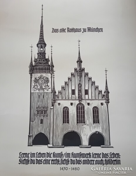 Olvashatatlan jelzés : München Altes Rathaus  Régi Városháza , grafika