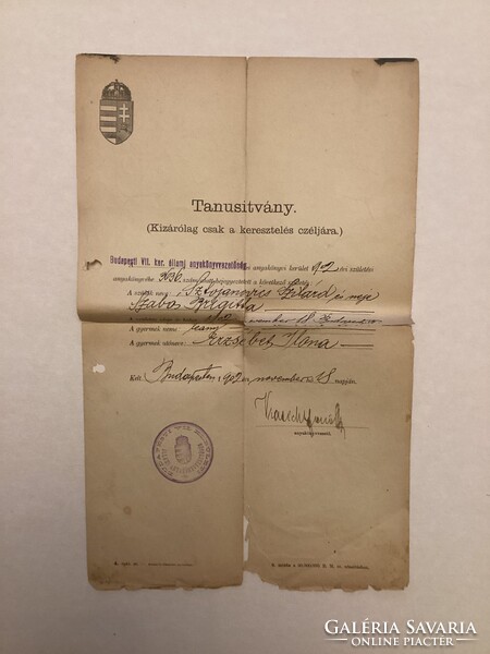 Tanúsítvány ( 1902 ) . Kizárólag csak a keresztelés czéljára .