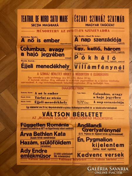 Műsorterv Az 1976 - 1977-es színiévadra ( Északi Színház Szatmár ) .